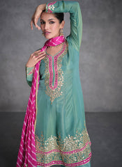 Sea Green and Pink Embroidered Organza Silk Suit