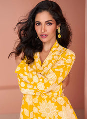 Yellow Thread And Sequence Embellished Indowestern Outfit