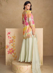 Off White Multicoloured Sequence Embroidered Printed Palazzo Suit