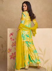 Yellow And Green Sequence Embroidery Printed Palazzo Suit