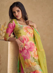 Yellow Multicoloured Sequence Embroidery Printed Palazzo Suit