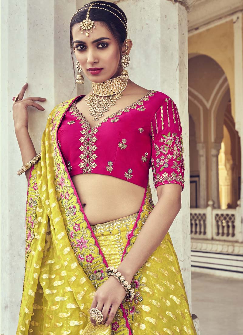 Yellow and Rani Designer Silk Lehenga Choli - nirshaa