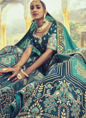 Navy Blue and Rama Green Designer Silk Lehenga Choli - nirshaa