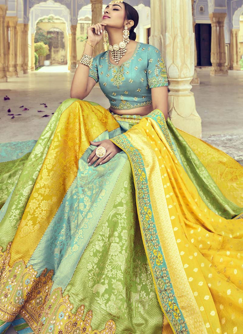 Blue , Green and Yellow Designer Silk Lehenga Choli - nirshaa