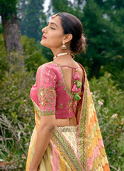 Off White , Pink and Yellow Embroidered Silk Lehenga Choli