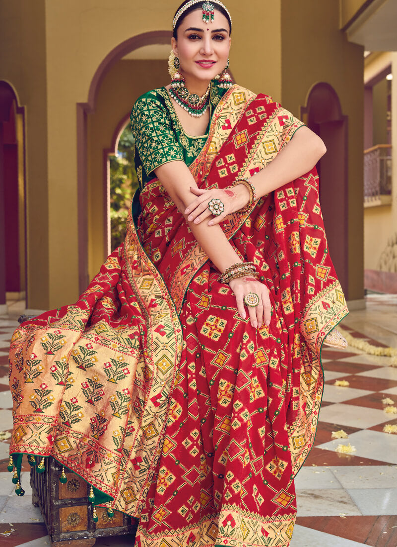 Royal Red and Green Embellsihed Georgette Saree - nirshaa