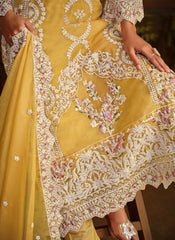 Yellow Embroidered Organza Straight Cut Style Suit