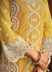 Yellow Embroidered Organza Straight Cut Style Suit
