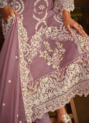 Purple Embroidered Organza Straight Cut Style Suit
