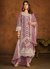 Purple Embroidered Organza Straight Cut Style Suit