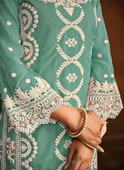 Sea Green Embroidered Organza Straight Cut Style Suit