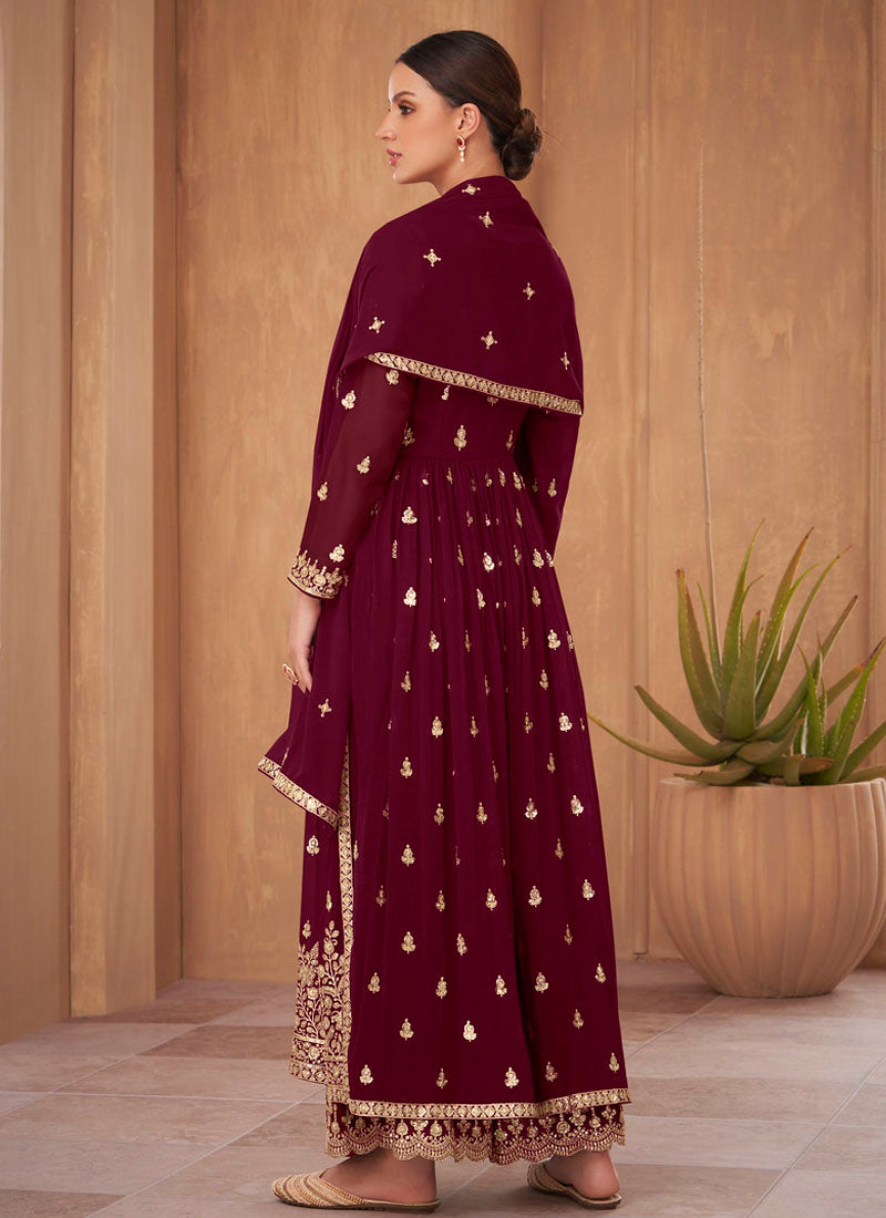 Charming Dark Maroon Readymade Party Wear Palazzo Style Georgette Suit - nirshaa