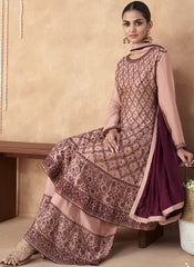 Peach and Maroon embroidered Anarkali Suit with Palazzo
