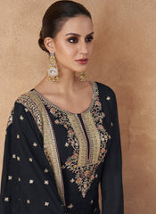 Black Embroidered Straight Cut Suit with Palazzo