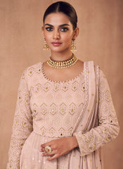 Dusty Pink Embroidered Chinon-Georgette Palazzo Style Suit