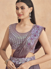 Metallic Purple Embellished Ready to Wear Satin Lehenga Style Saree - nirshaa