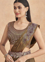 Metallic Brown Embellished Ready to Wear Satin Lehenga Style Saree - nirshaa