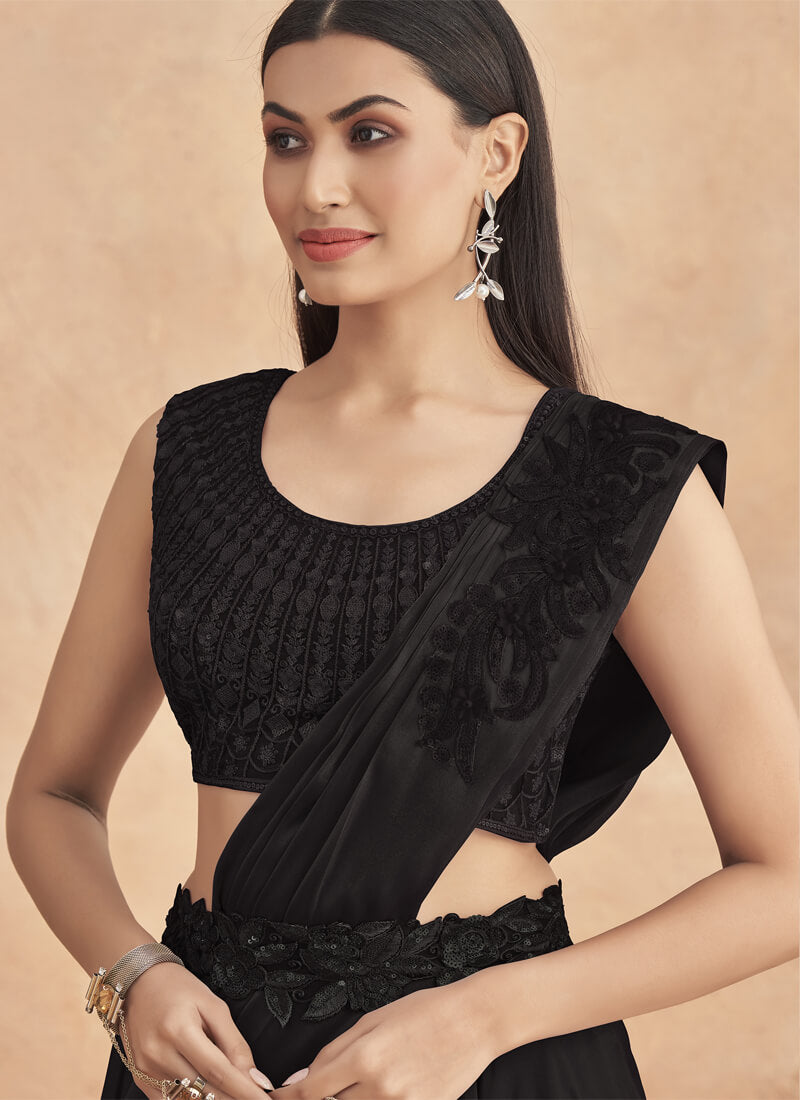 Black Embellished Ready to Wear Satin Lehenga Style Saree - nirshaa