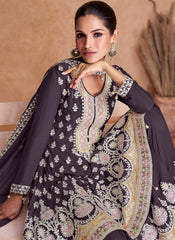 Dark Grey Real Chinon Embroidered Sharara Style Suit