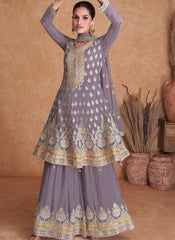 Pastel Purple Real Chinon Embroidered Sharara Style Suit