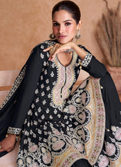 Black Real Chinon Embroidered Sharara Style Suit
