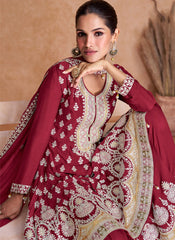 Maroon Real Chinon Embroidered Sharara Style Suit