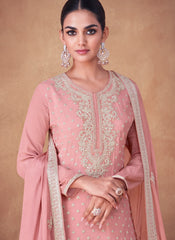 Baby Pink Real Chinon Embroidered Palazzo Style Suit
