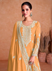 Mango-Yellow Embroidered Silk Palazzo Style Suit