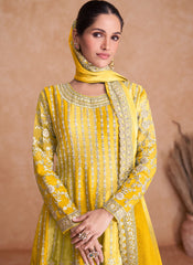 Shaded Yellow and Light Yellow Heavy Chinon Anarkali Suit with Gharara