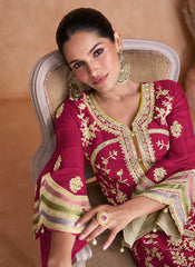 Magenta Multi Embroidery Traditional Pant Style Suit