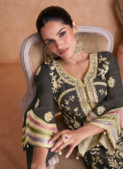 Deep Grey Multi Embroidery Traditional Pant Style Suit