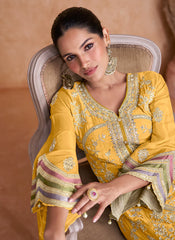 Yellow Multi Embroidery Traditional Pant Style Suit