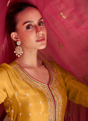 Yellow and Rani Ready to Wear Real Chinon Salwar Kameez