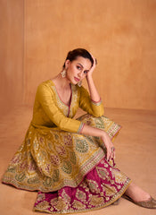 Yellow and Rani Ready to Wear Real Chinon Salwar Kameez