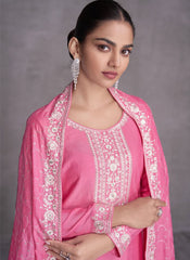 Pink Embroidered Silk Straight Cut Suit