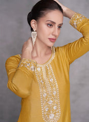 Yellow Embroidered Silk Straight Cut Suit