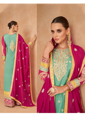 Sea Green Embroidered Chinon Palazzo Style Suit