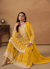 Yellow Embroidered Georgette Straight Suit with Sharara