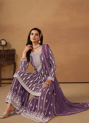 Purple Embroidered Georgette Straight Suit with Sharara