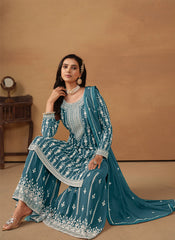 Teal Blue Embroidered Georgette Straight Suit with Sharara