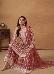 Brown Embroidered Georgette Straight Suit with Sharara