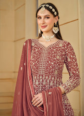 Pinkish-Borwn Embroidered Georgette Anarkali Suit