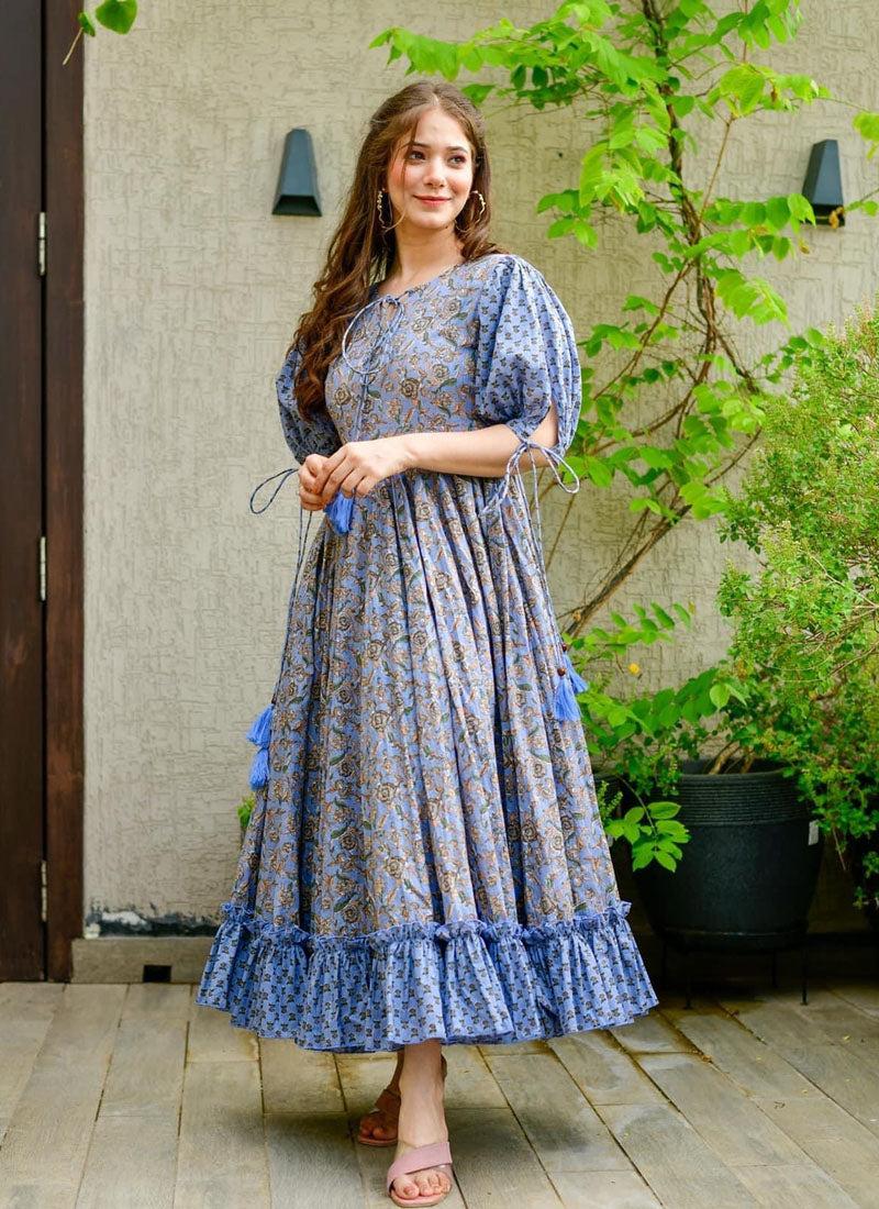 Greyish Blue Digital Printed Cotton Silk flaired Kurti - nirshaa