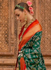 Dark Green and Maroon Ikat Print weaved silk Saree