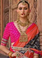 Black , Rani and Orange Ikat Print weaved silk Saree