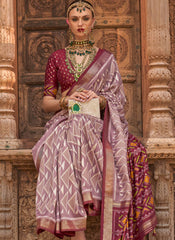 Pretty Mauve and Maroon Ikat Print Weaved Silk Saree