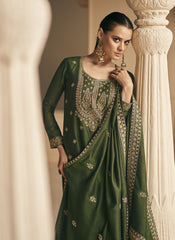 Olive Green Embroidered Silk Straight Cut Style Suit