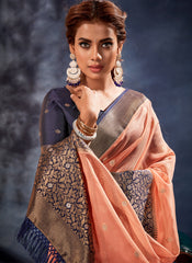 Peach and Navy Blue Banarasi Organza Silk Saree