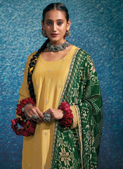 Yellow and Green Embroidered Modal Silk Straight Cut Suit - nirshaa
