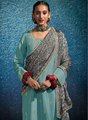 Blue and Grey Embroidered Modal Silk Straight Cut Suit - nirshaa